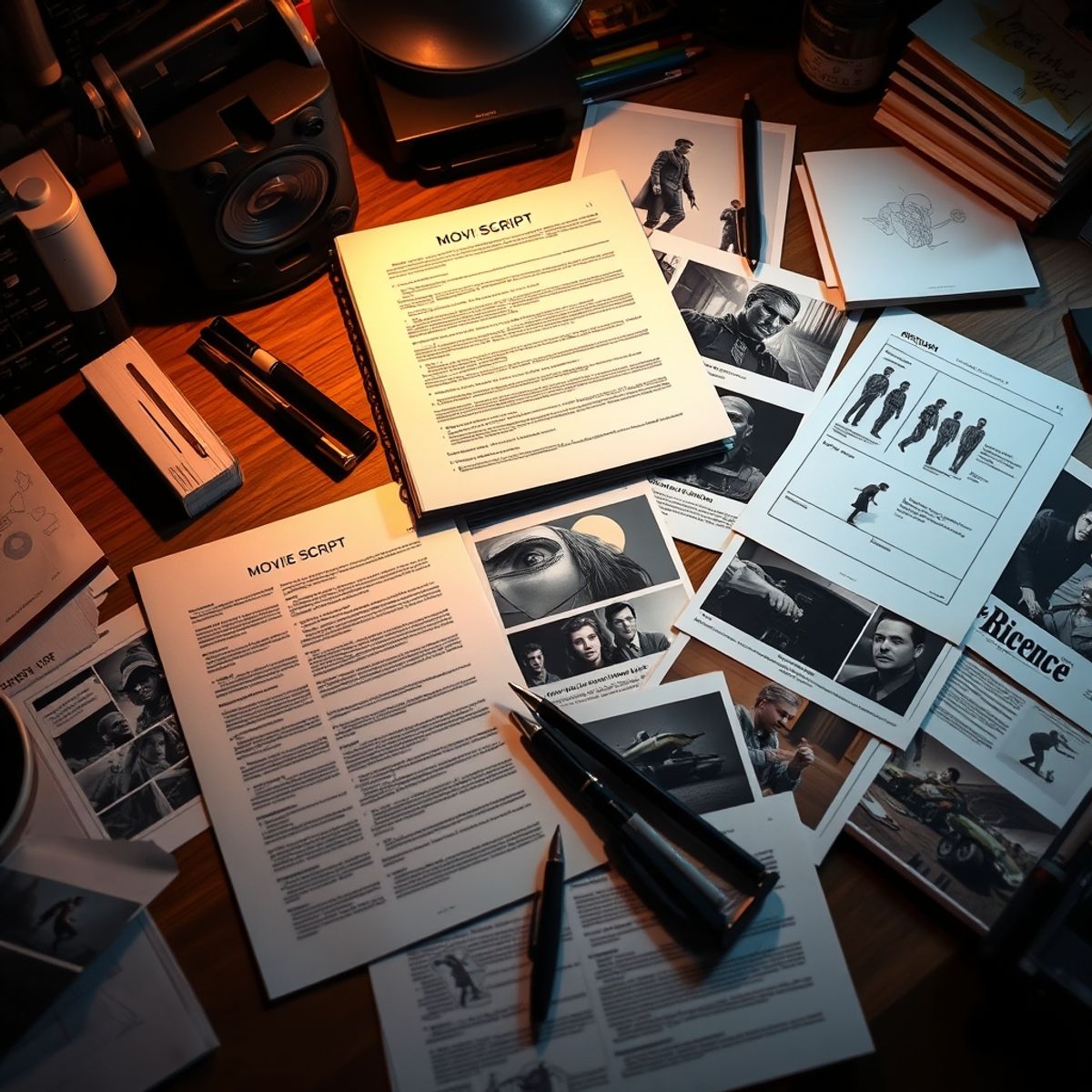 Movie script and storyboards spread on desk, creative writing process, artistic workspace, dramatic lighting