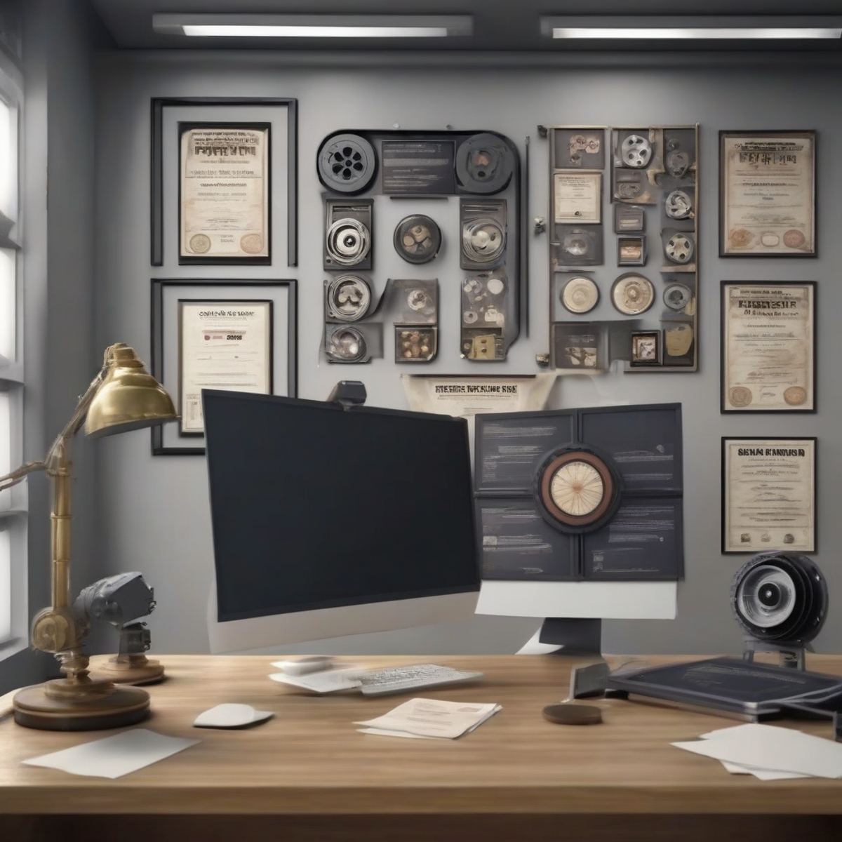 Indian film censorship board office with movie reels and certificates on wall, formal professional setting