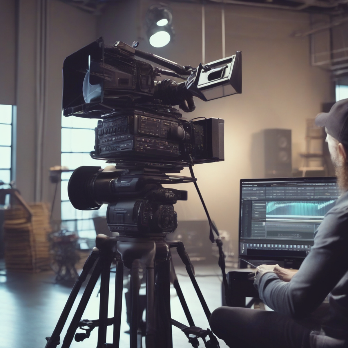 Film production studio with director reviewing footage on monitor, creative process, professional setting