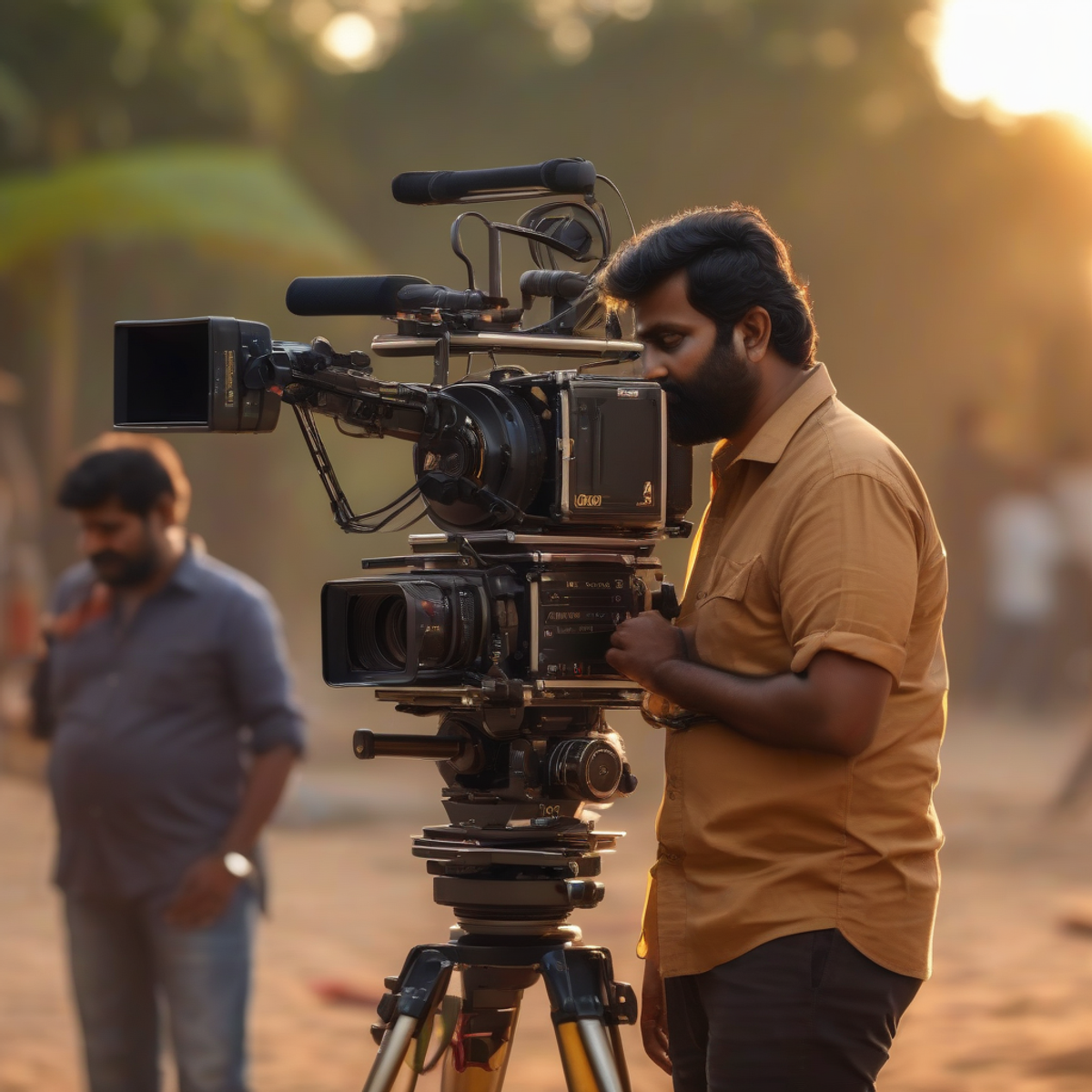 Tamil cinema director on film set with camera equipment, behind the scenes, cinematic golden hour lighting