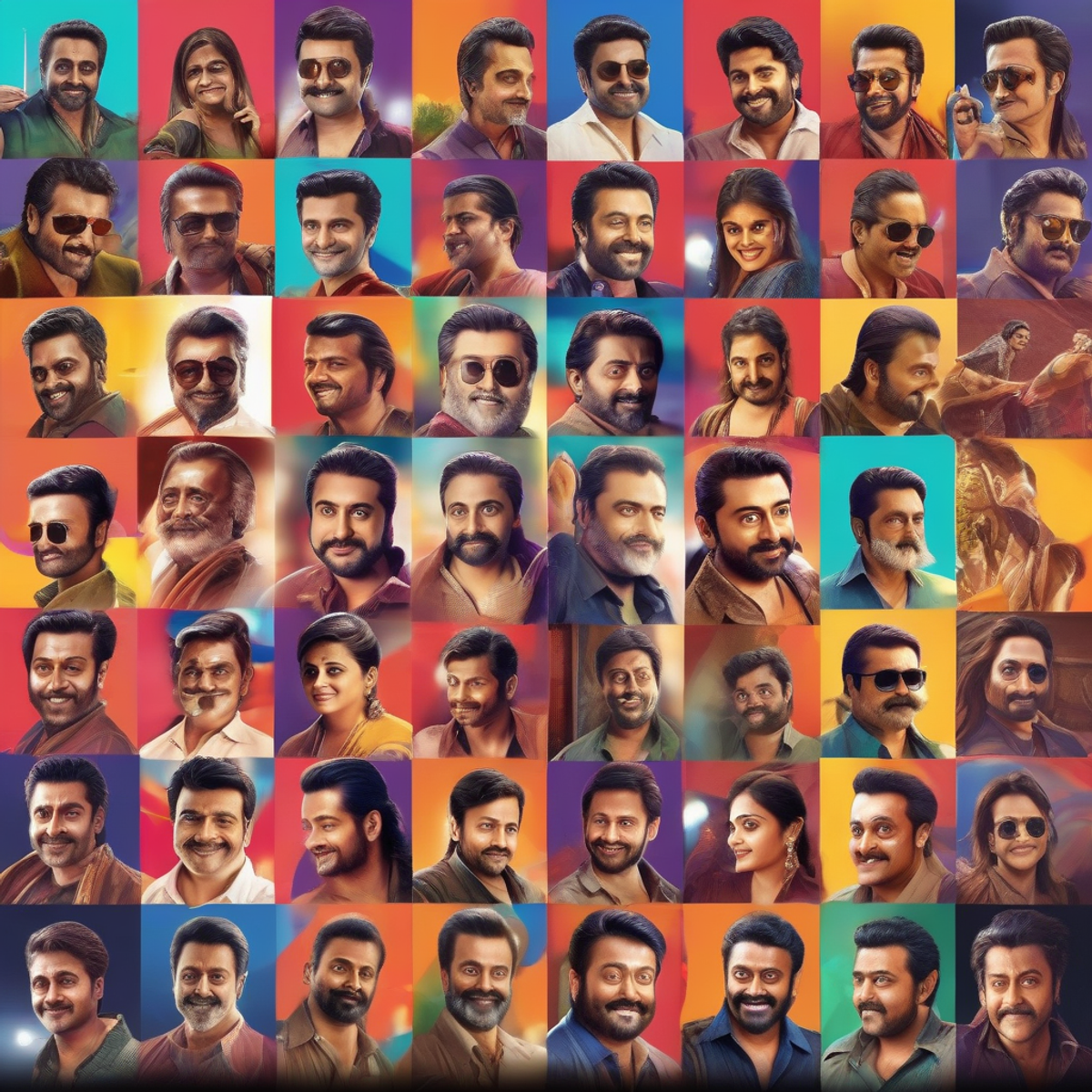 Suriya fan art collage with different movie roles, artistic illustration style, colorful vibrant