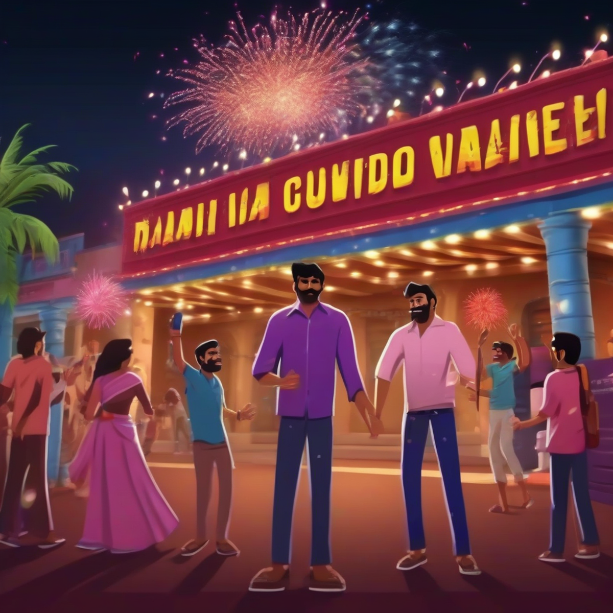 Tamil Nadu cinema fans celebrating outside theater with fireworks and cutouts, night scene, vibrant