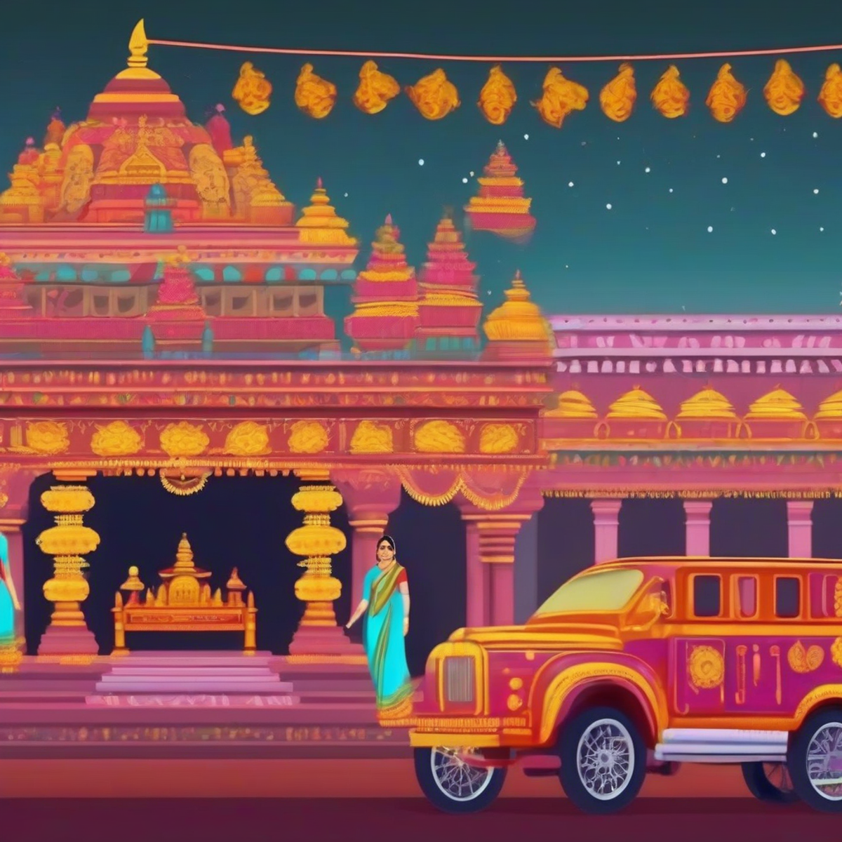 Ayudha Pooja festival celebration in Tamil Nadu with decorated vehicles and cinema banners, vibrant cultural scene