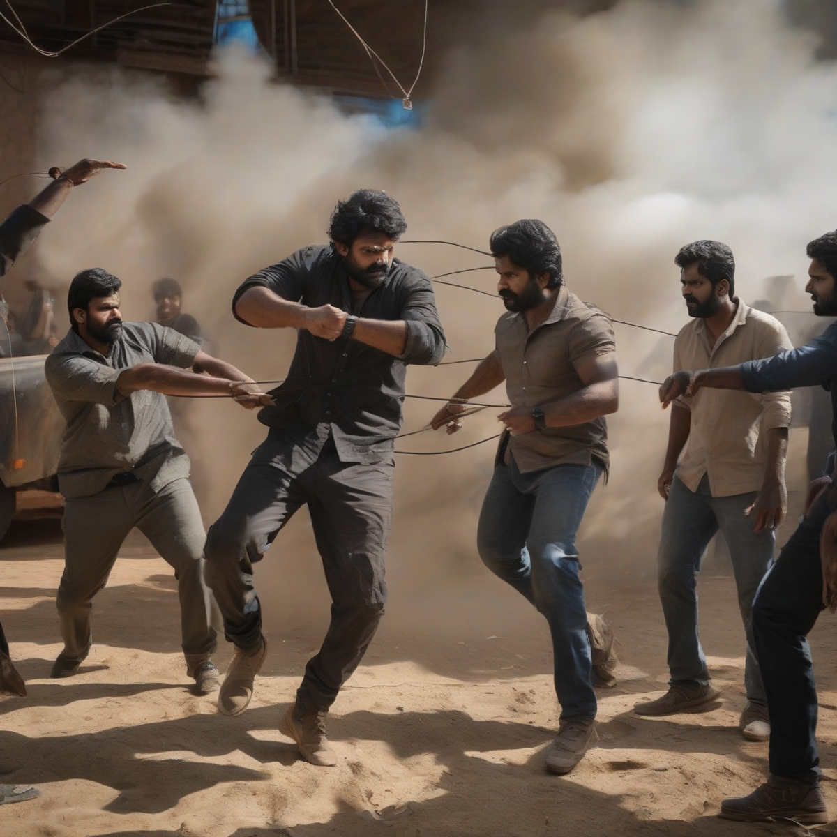 Tamil cinema action sequence filming with stunts and wire work, behind the scenes, professional crew