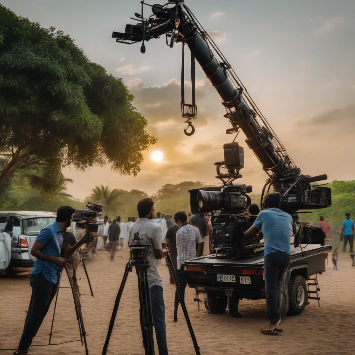 Movie filming location in Chennai with camera crane and crew working, behind the scenes, golden hour