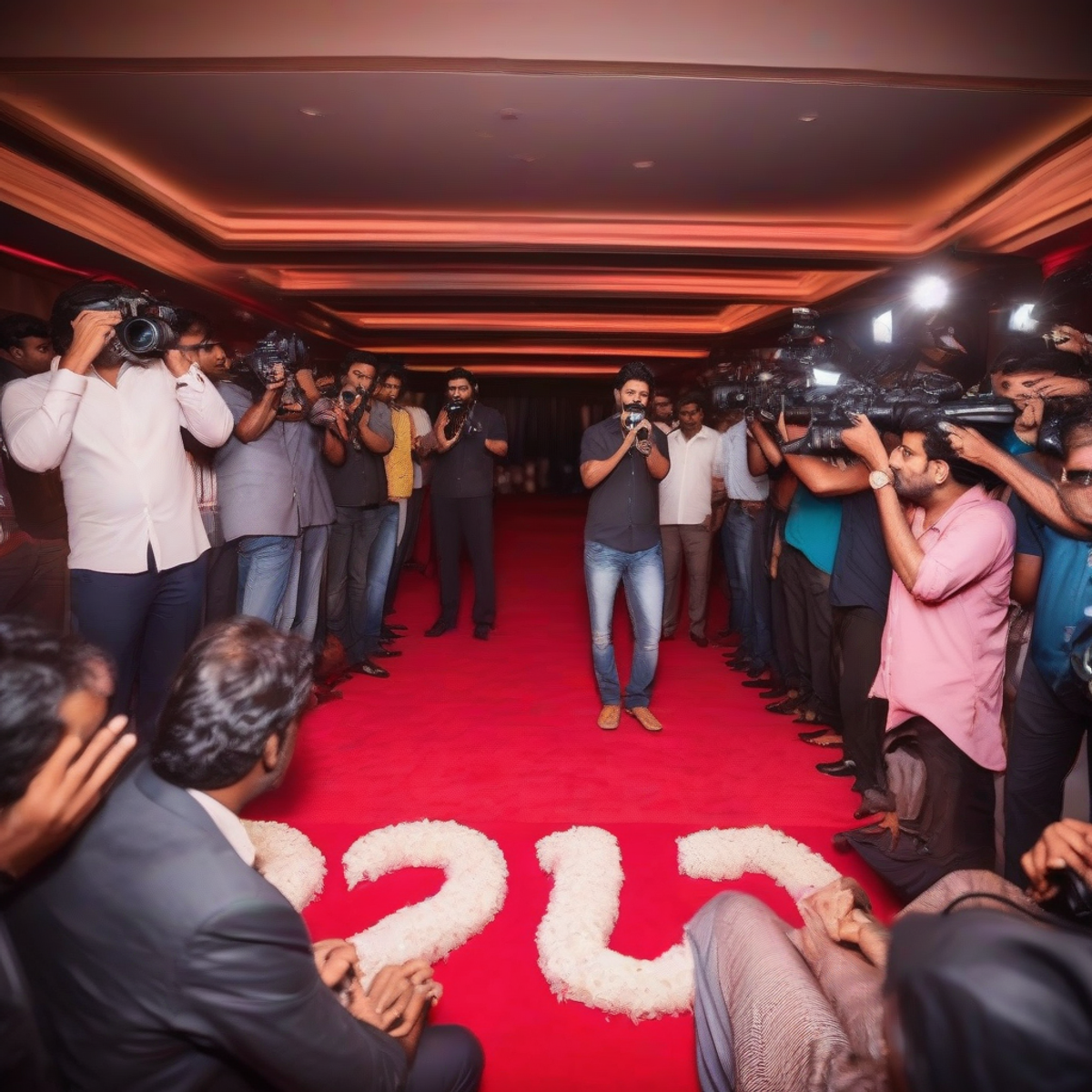 Film premiere red carpet event in Chennai with photographers and celebrities, glamorous atmosphere