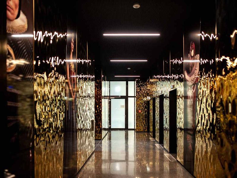 Portal wejściowy z lustrzaną elewacją metalową i pasami świetlnymi LED