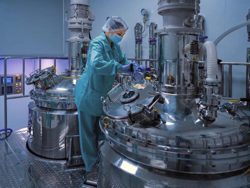 Pracownica w fartuchu laboratoryjnym obsługuje szklane reaktory farmaceutyczne w pomieszczeniu czystym