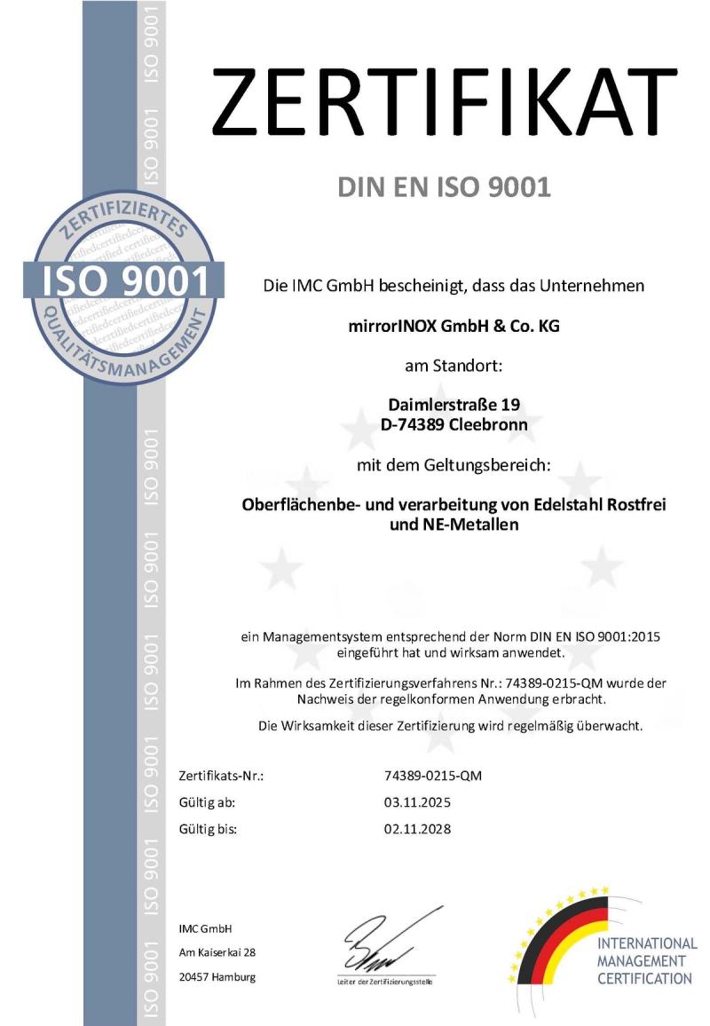 شهادة ISO 9001:2015 لشركة mirrorINOX GmbH لنظام إدارة الجودة