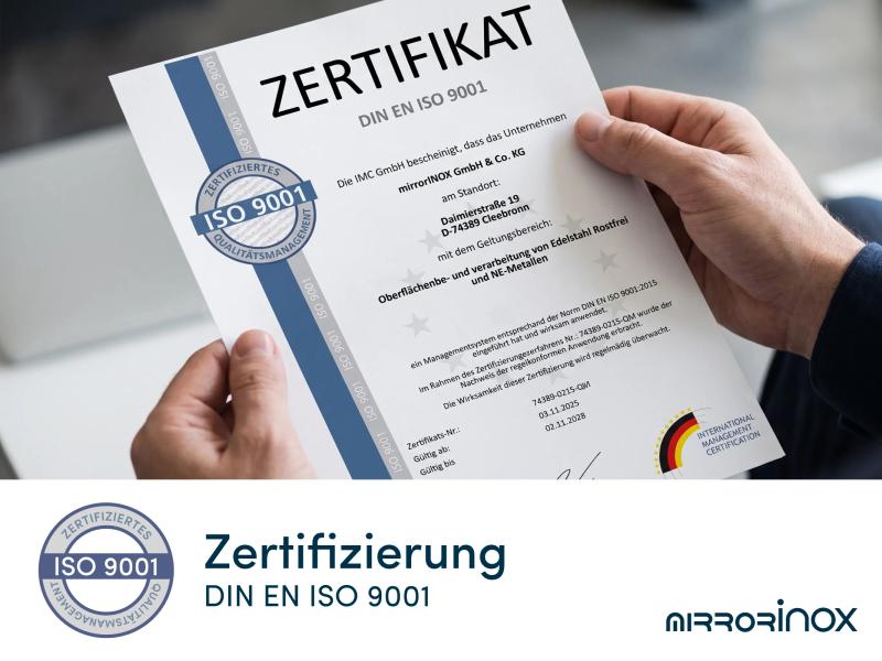 شهادة ISO 9001:2015 لشركة mirrorINOX GmbH لنظام إدارة الجودة