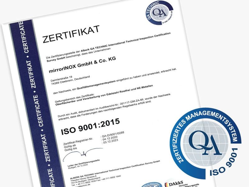 Certyfikat ISO 9001:2015 firmy mirrorINOX GmbH & Co. KG w zakresie zarządzania jakością