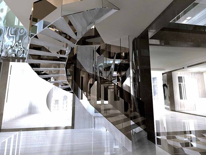 Nowoczesne schody kręcone z lustrzanymi stopniami i elementami balustrady