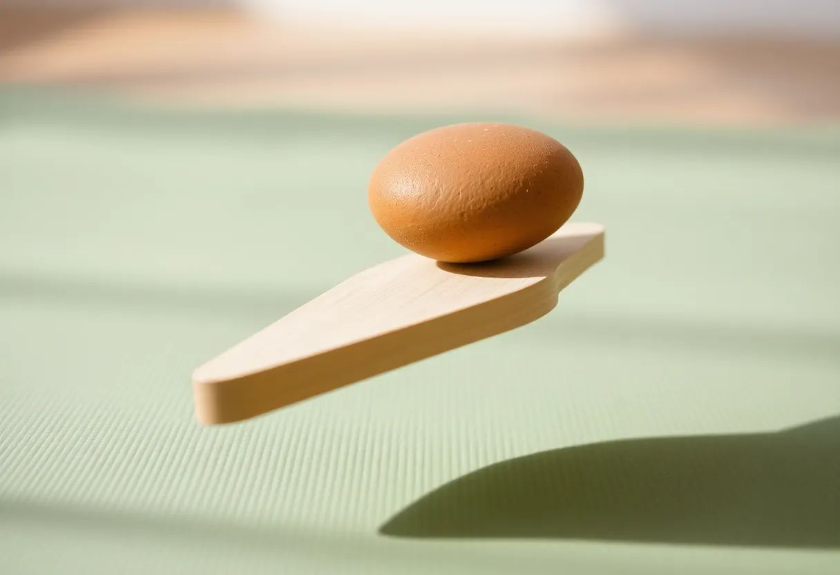 Close-up of a smooth clay-terracotta stone resting on the tip of a tilted wooden board, its edge dipping under the weight.