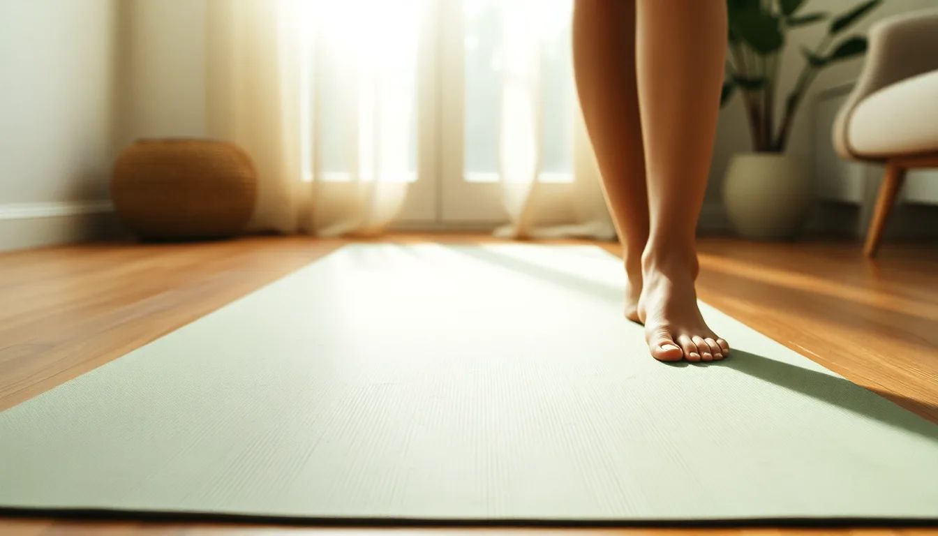 Bare feet on a sage-green yoga mat at home, casual clothes, soft morning light
