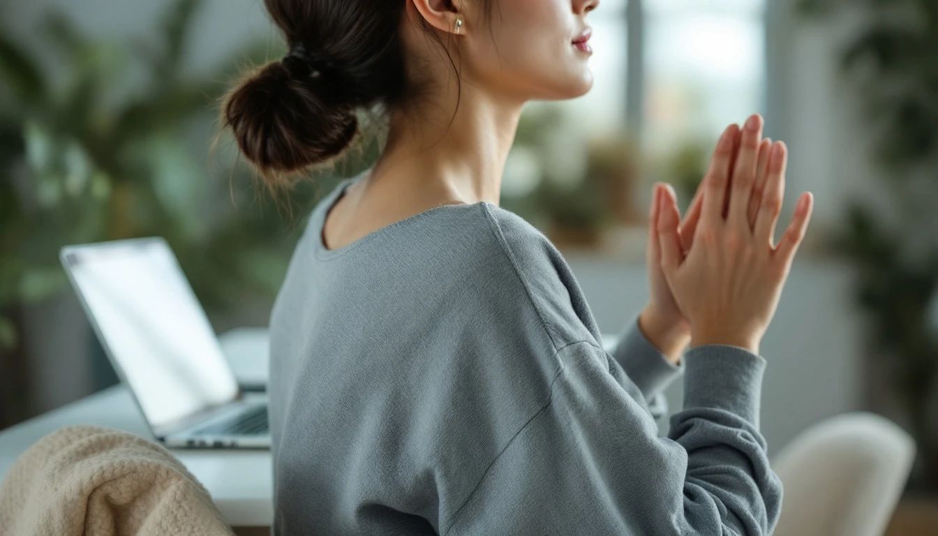A woman taking a calm pause at her desk with hands gently pressed together, a laptop softly blurred behind her.