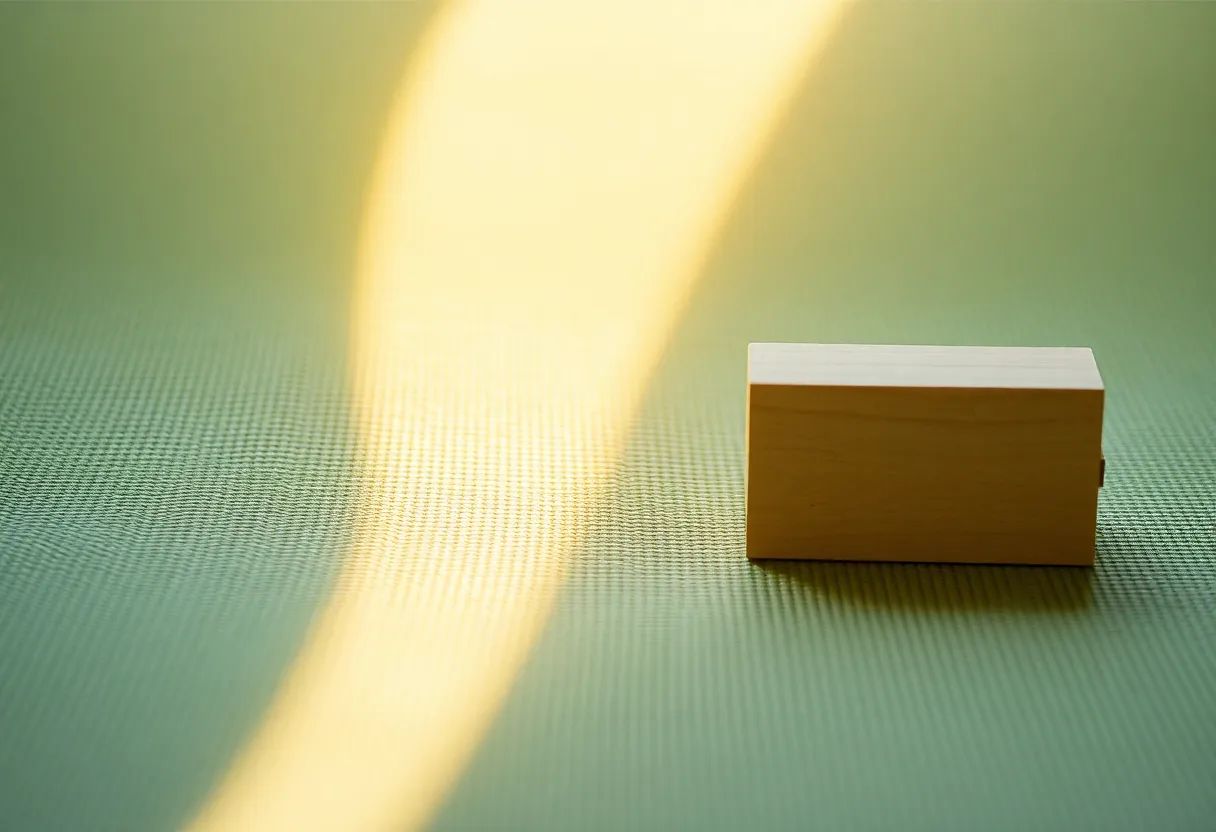 Close-up of a soft warm band of sunlight curving across the woven texture of a sage-green mat, with a single pale-timber block at the edge of the light catching its glow.