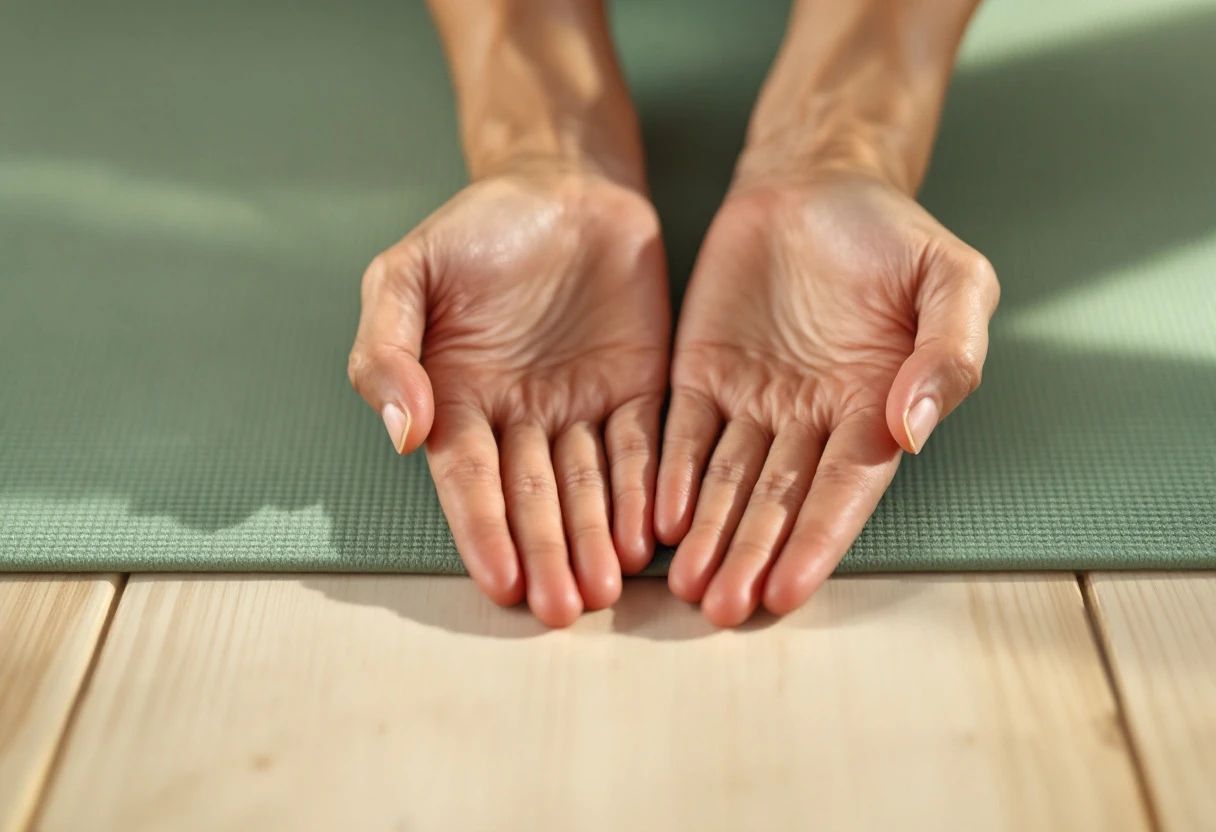 Close-up of two hands pressing evenly into a yoga mat, showing relaxed, even alignment