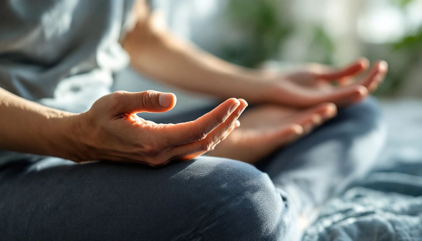 Close-up of relaxed hands resting on the knees in a seated breathing practice, soft natural light, dusty blue-grey and warm sand tones