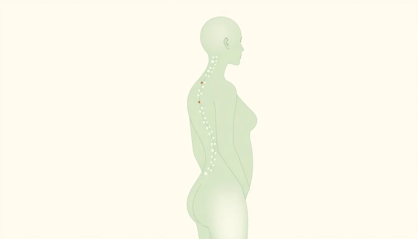Anatomical line diagram of the three-element framework: joint mobility at shoulders and hips, spine alignment through the thoracic and lumbar curves, and deep stabilizer muscles supporting the structure.