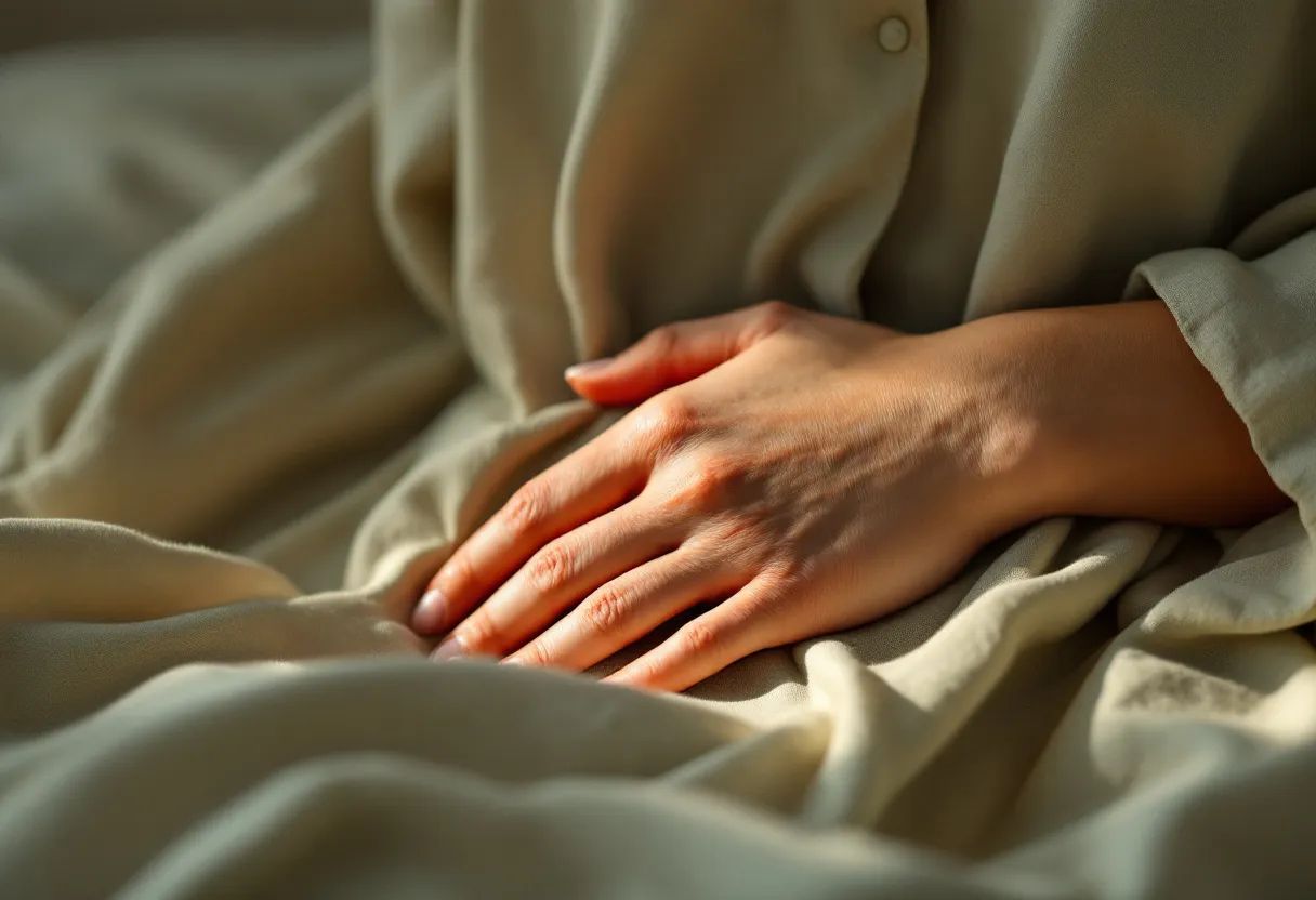 Close-up of a hand resting on the belly during a slow breath before sleep, warm lamp light, sage and oatmeal tones