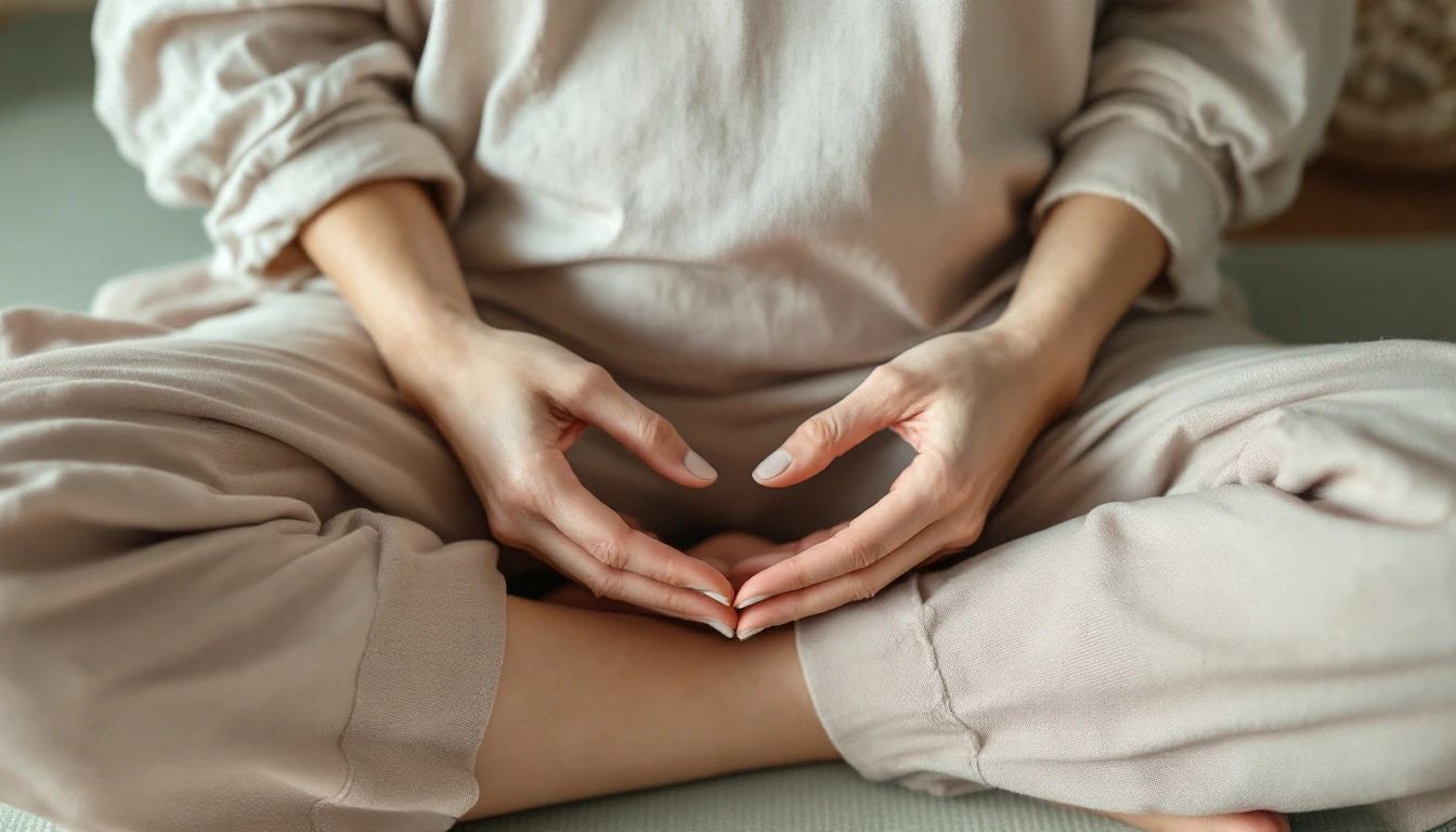Close-up of a woman's open hands resting palm-up on her knees while seated cross-legged on a yoga mat, soft natural light, blush rose and stone-grey tones