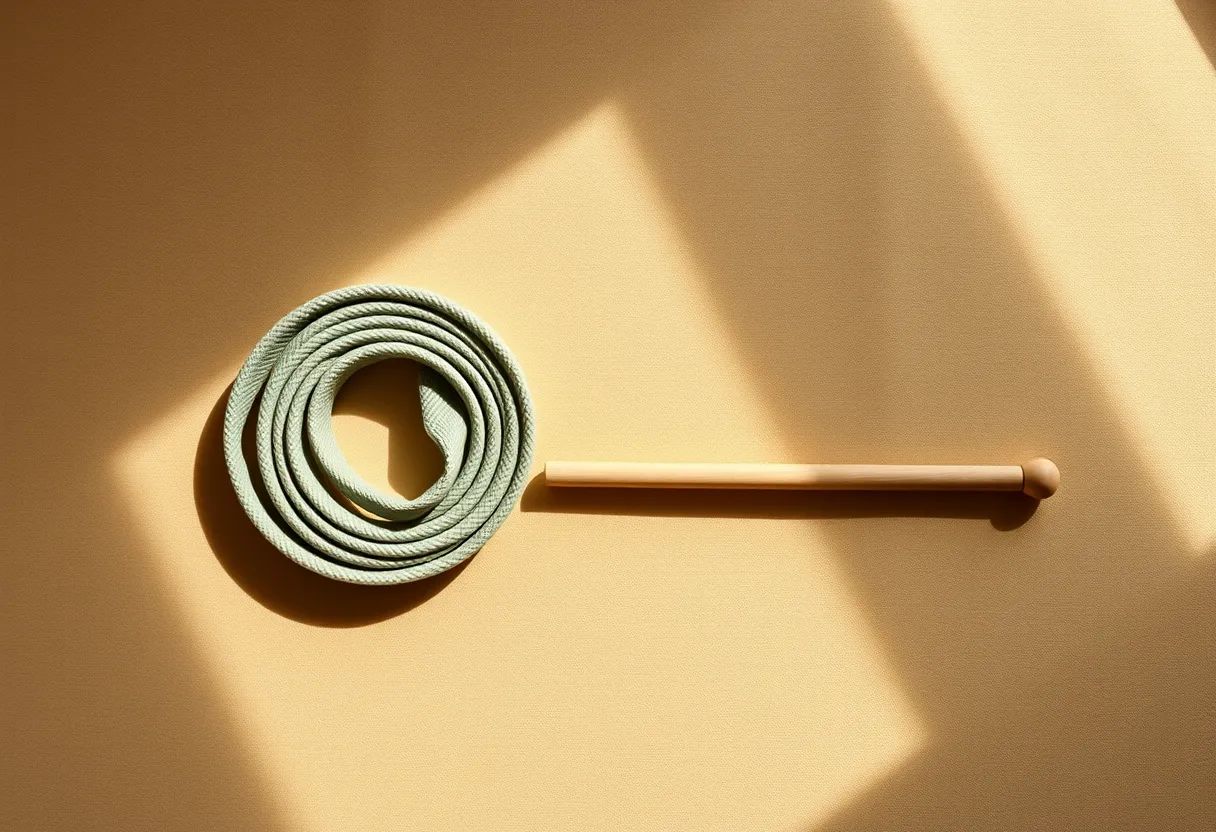 Two lengths of the same rattan cane lie side by side on a plain wood surface, one bent into a soft curve that eases flat under gentle pressure, the other rigid and holding its shape.
