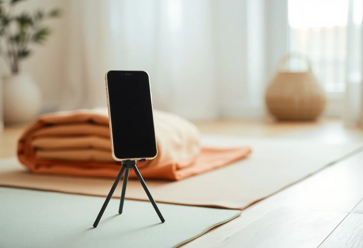 Close view of a smartphone on a small tripod with its screen dark and blank, a folded terracotta blanket and the edge of a sage mat softly blurred behind it in warm window light.