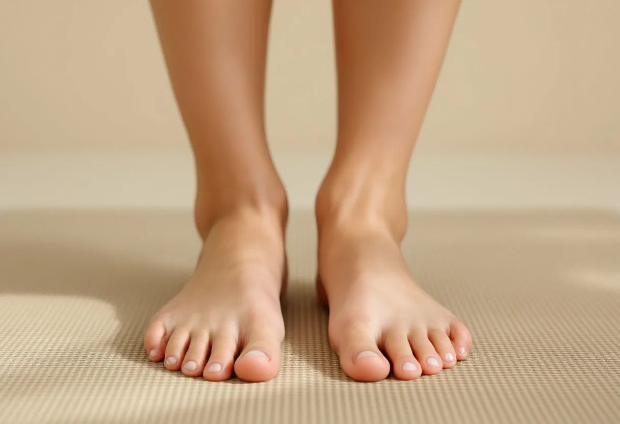 Close-up of bare feet planted hip-width apart on a yoga mat with knees stacked above the ankles, soft natural light, warm oatmeal and sage tones