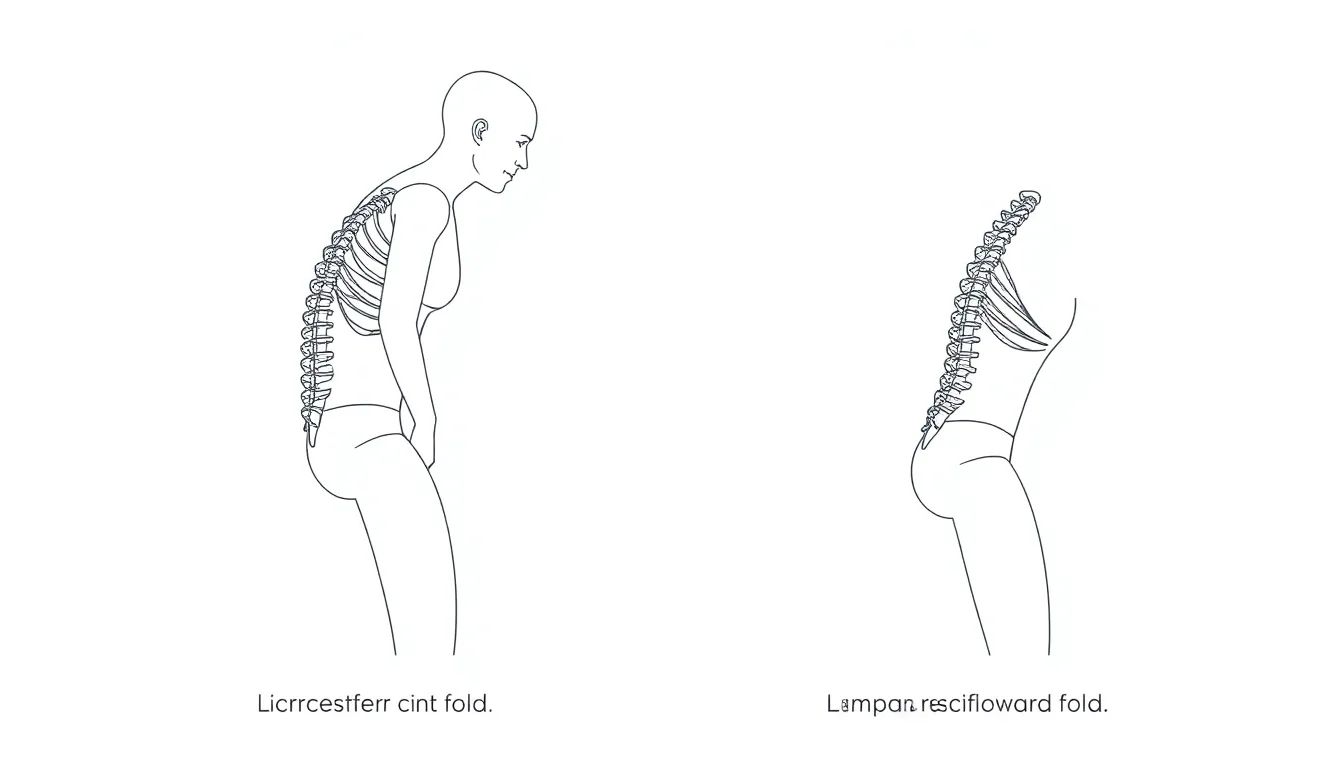 Flat anatomical illustration showing hip joint flexion versus lumbar spine flexion in a forward fold comparison