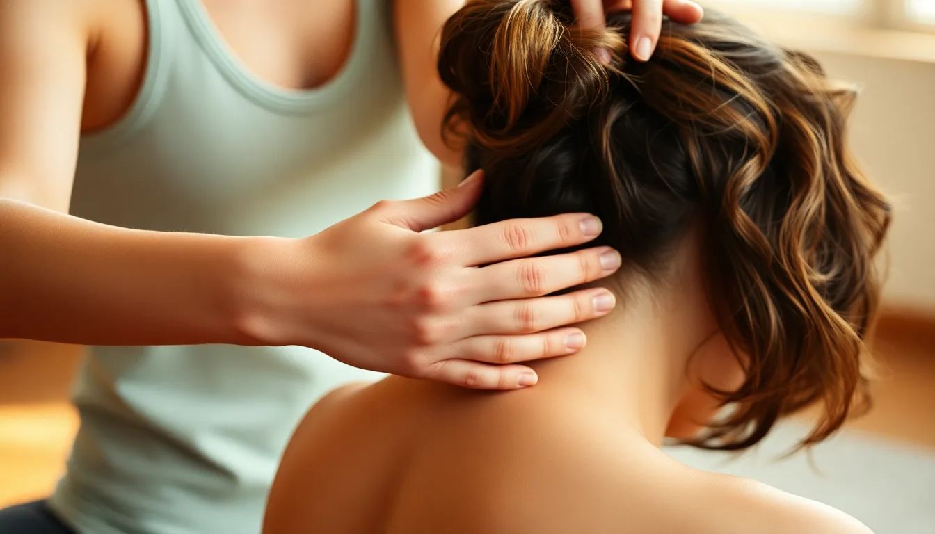 Detail of a teacher's hand guiding spinal alignment during a private therapeutic session