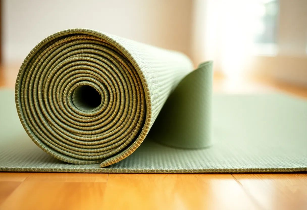 Macro close-up of the same mat where its tightly coiled end unwinds into its open length, woven texture lit by soft window light.