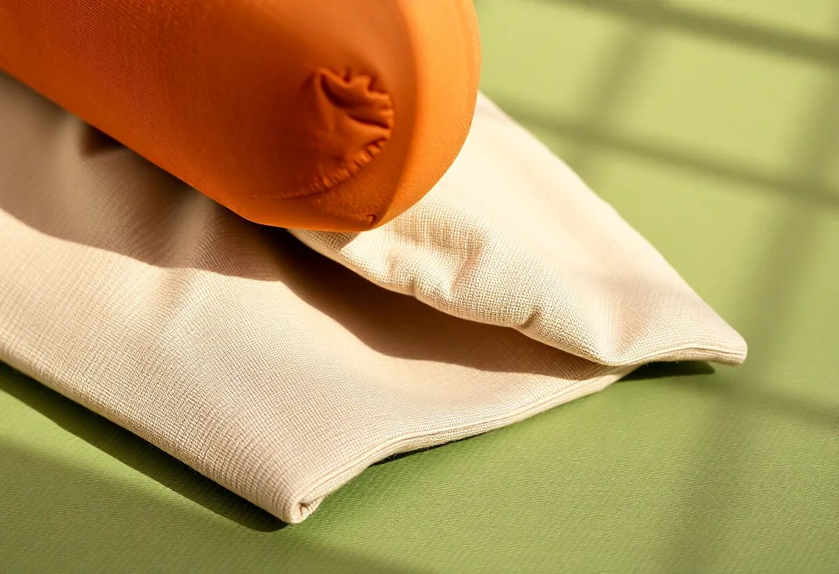 Extreme close-up of the stitched round end of a clay-terracotta bolster resting against a folded oatmeal linen blanket on a sage-green mat, cut by bands of diagonal window-light shadow.