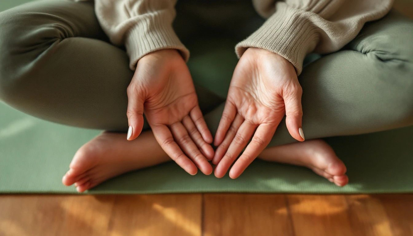 Close-up of hands resting on knees in a supported seated pose on a yoga mat, soft natural light, warm sage and clay tones