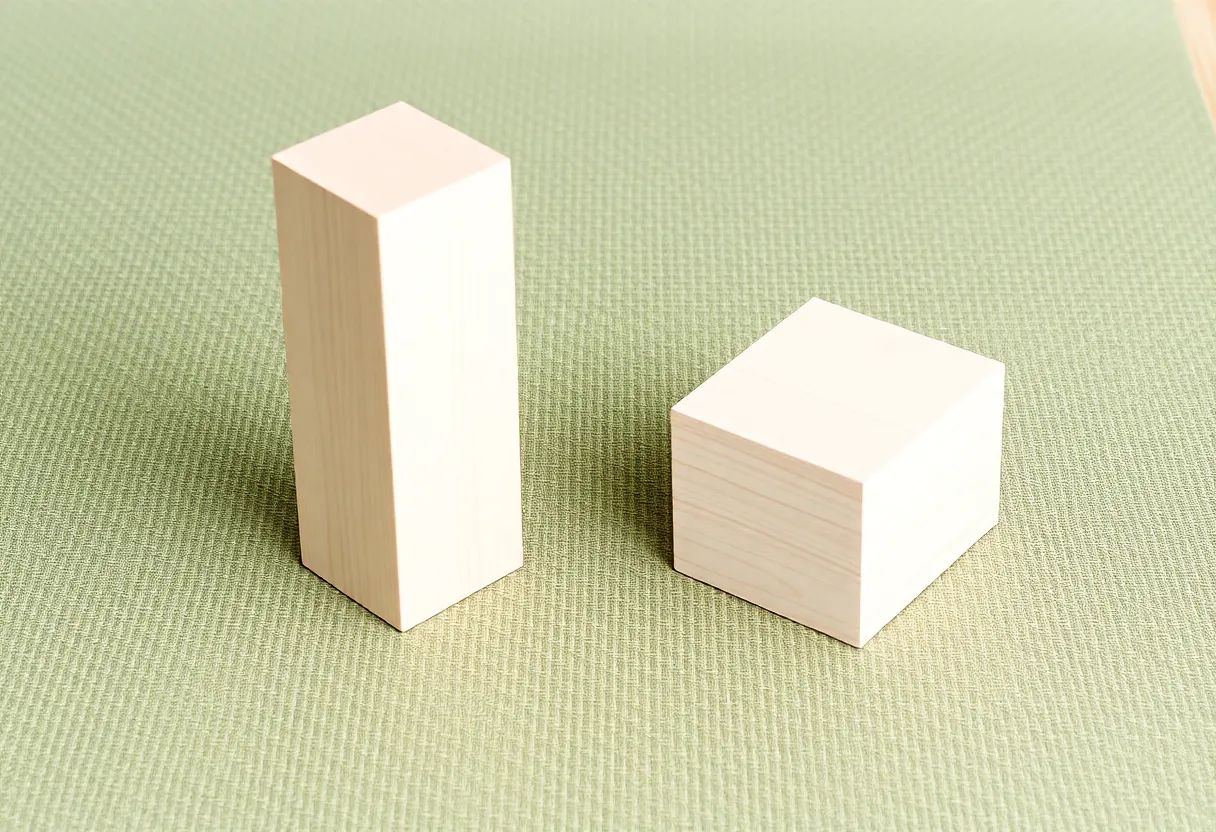 Close-up of two pale-timber yoga blocks on the woven texture of a sage-green mat, spaced well apart, one standing tall on its narrow end and one lying flat at roughly half the height.