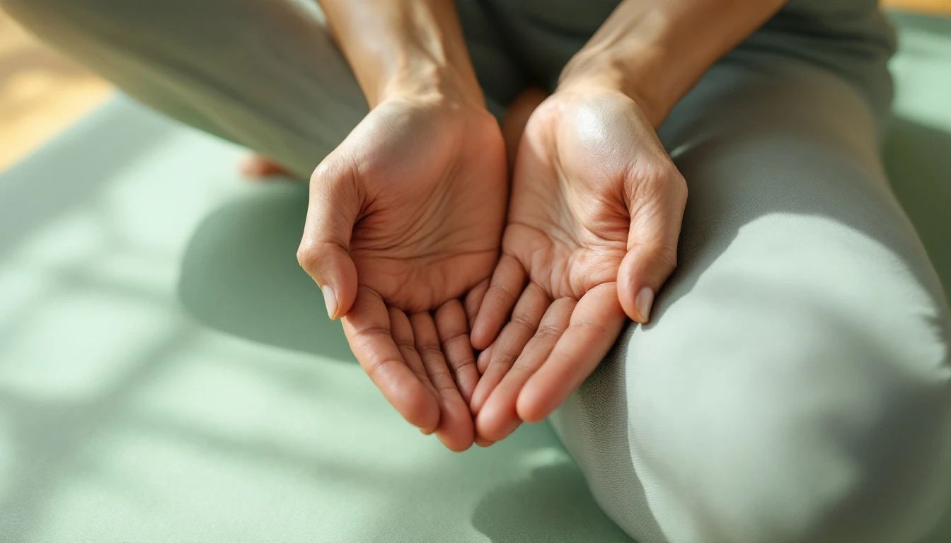 A person on hands and knees on a yoga mat in a neutral spine position, side view, soft natural light, warm ochre and cream tones