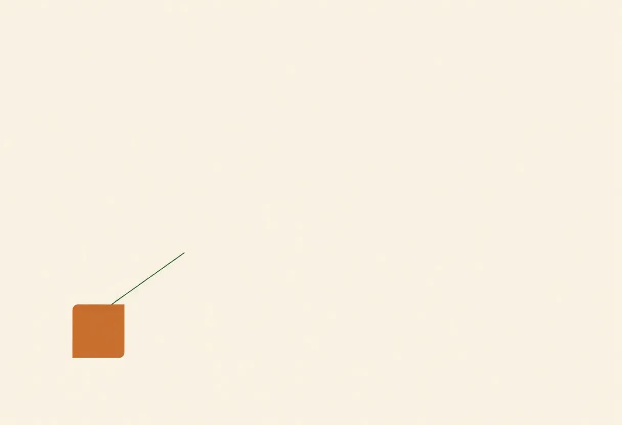 Minimalist abstract graphic of a small clay-terracotta square with a thin sage-green line extending diagonally across a large expanse of negative space, suggesting a viewpoint and a sightline reaching across distance.