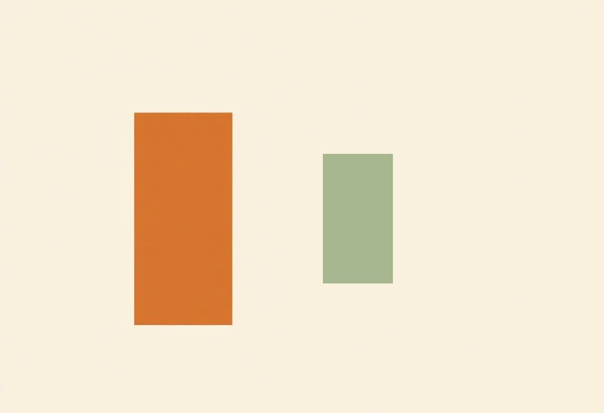 Two solid flat-colour rectangles on a cream background: a larger clay-terracotta rectangle on the left and a smaller sage-green rectangle on the right, set apart with generous open space, representing distance and framing as geometry.
