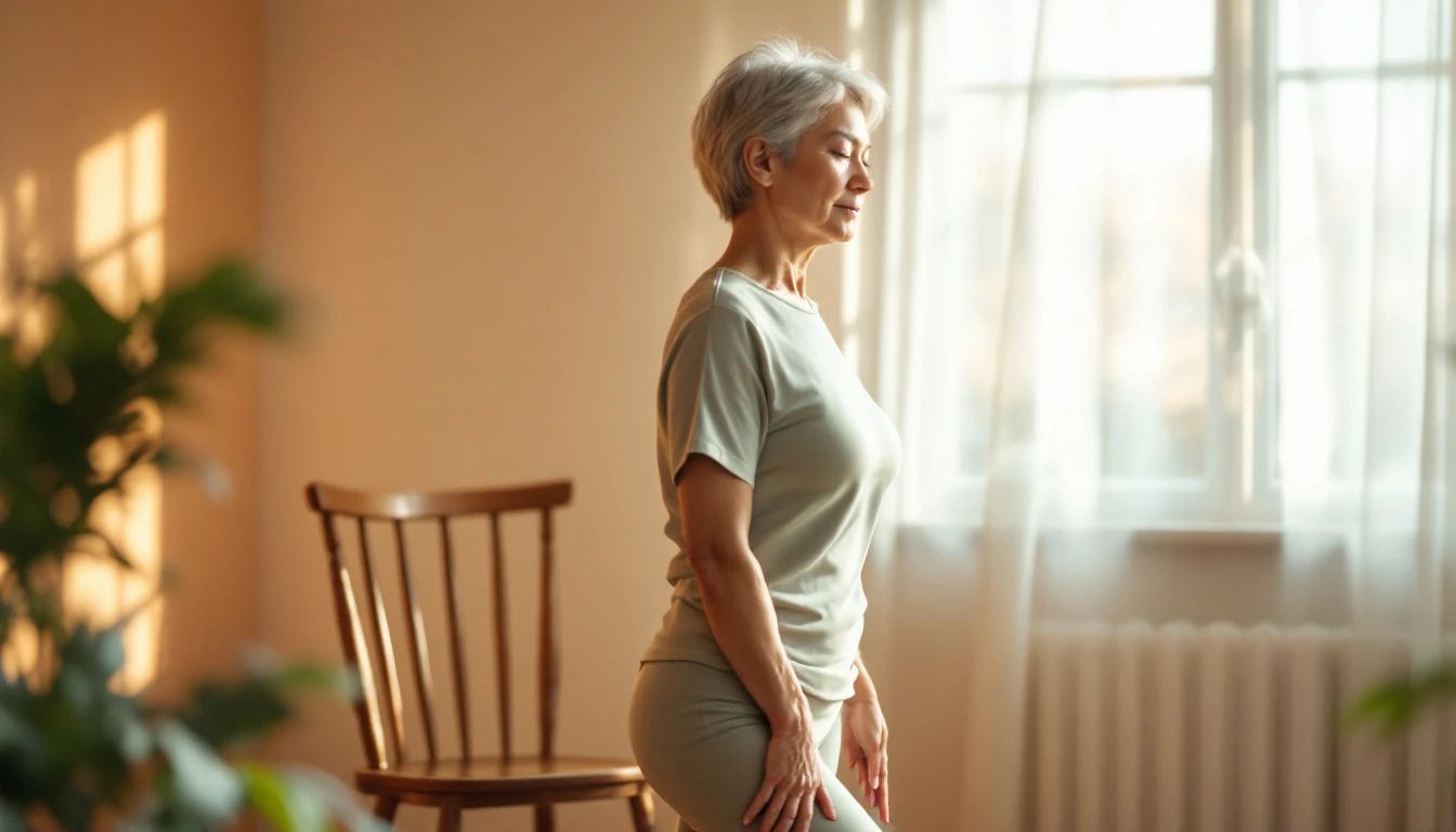 An older woman in a gentle standing pose beside a chair for balance