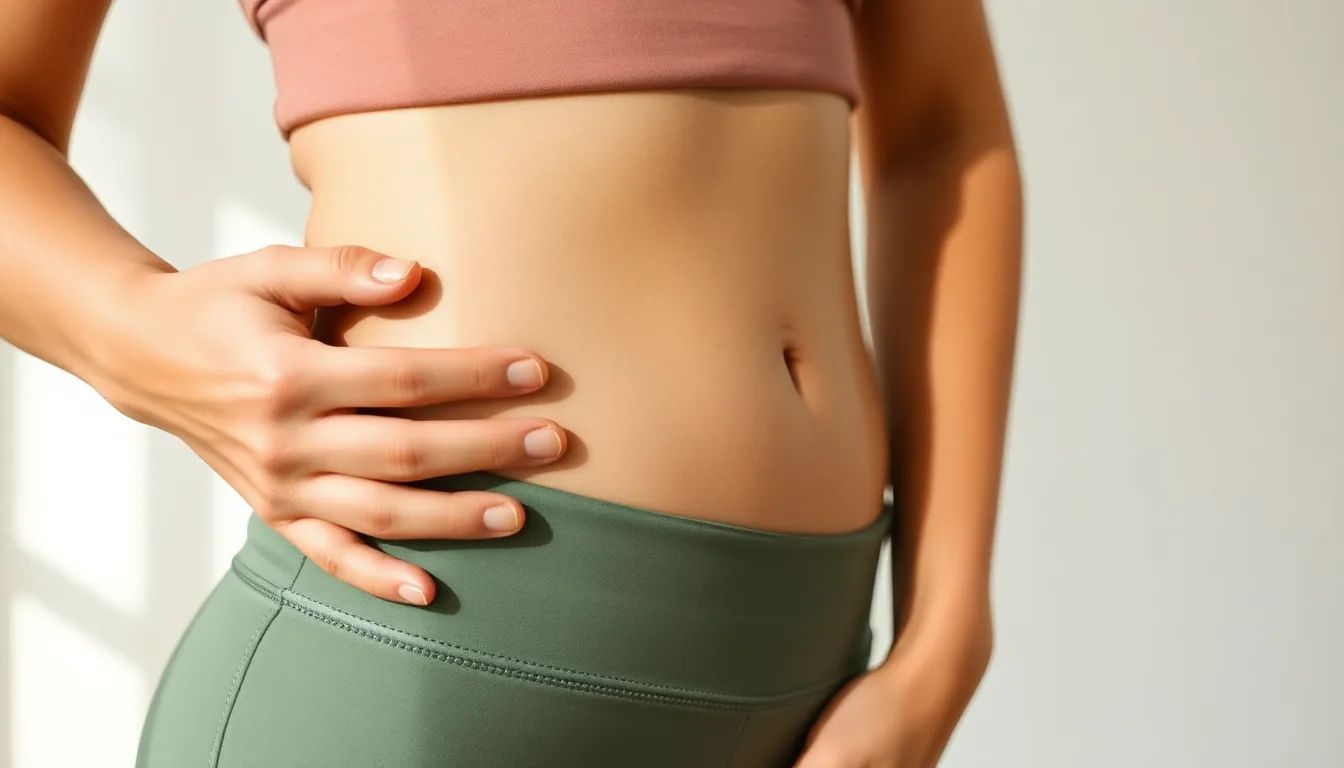 Detail of a student's torso with one hand on the lower belly, illustrating diaphragmatic breath and core engagement