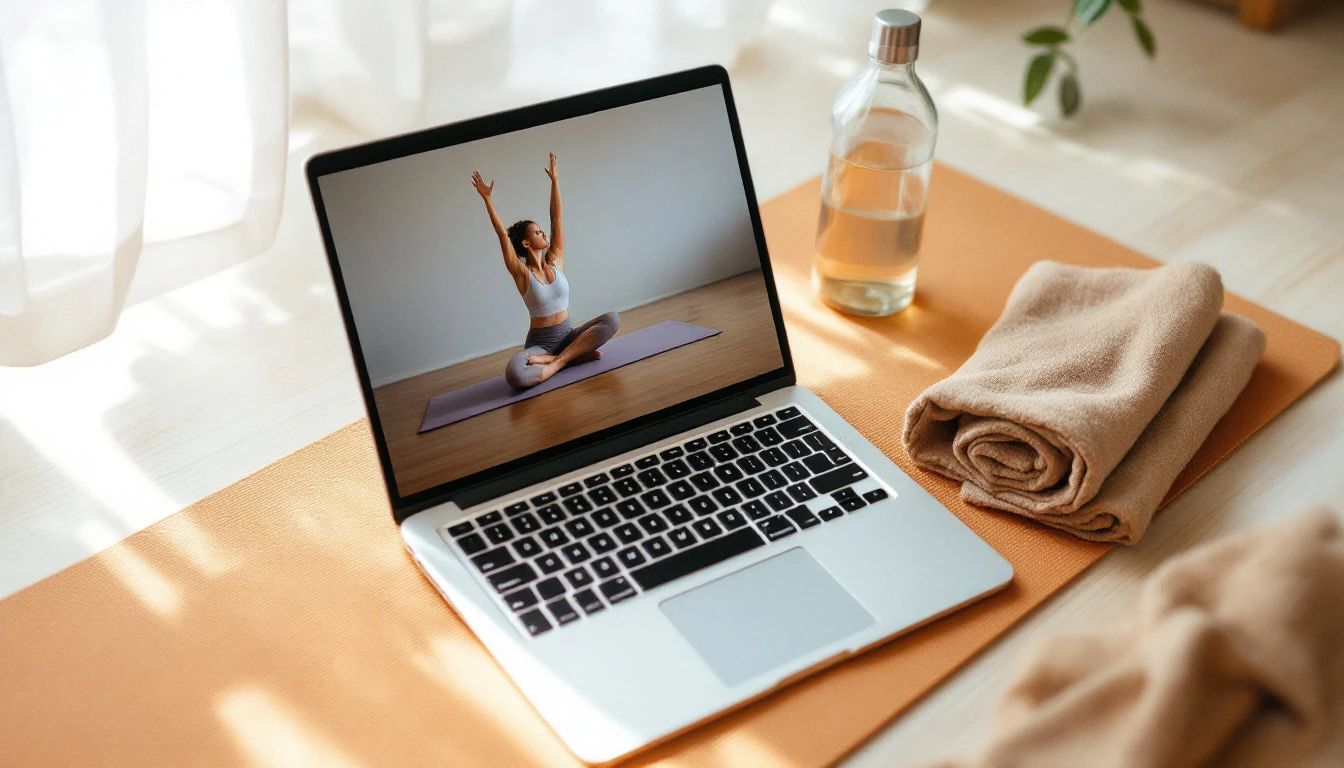 A laptop on a yoga mat showing a live online class with the teacher on screen