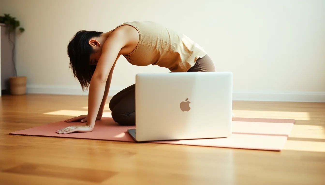Side view of a yoga student in a forward fold with a camera framed to capture the full body, illustrating online assessment