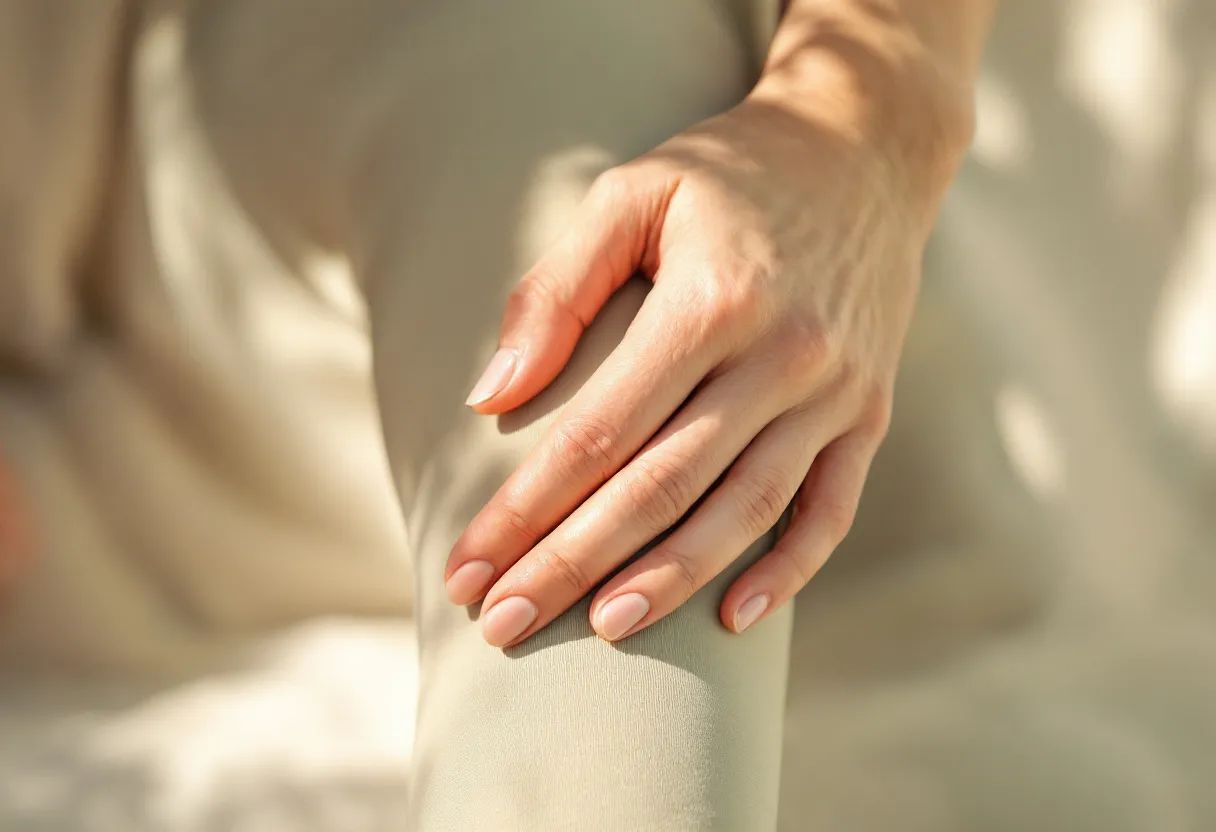 Close-up of a hand resting on the shin during a supported forward fold with the spine kept long, warm sage and oatmeal tones, soft natural light