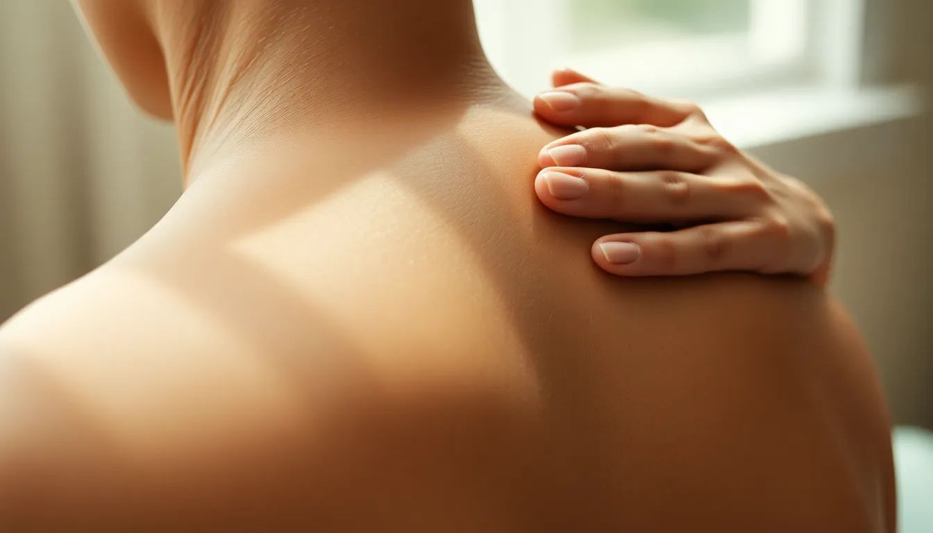 Close-up of two hands kneading the muscle along a shoulder blade, soft natural light, warm sage and oatmeal tones