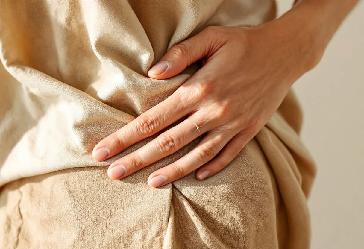 Close-up of a hand resting gently against the lower back, a still checking-in gesture before movement, soft natural light, warm tones