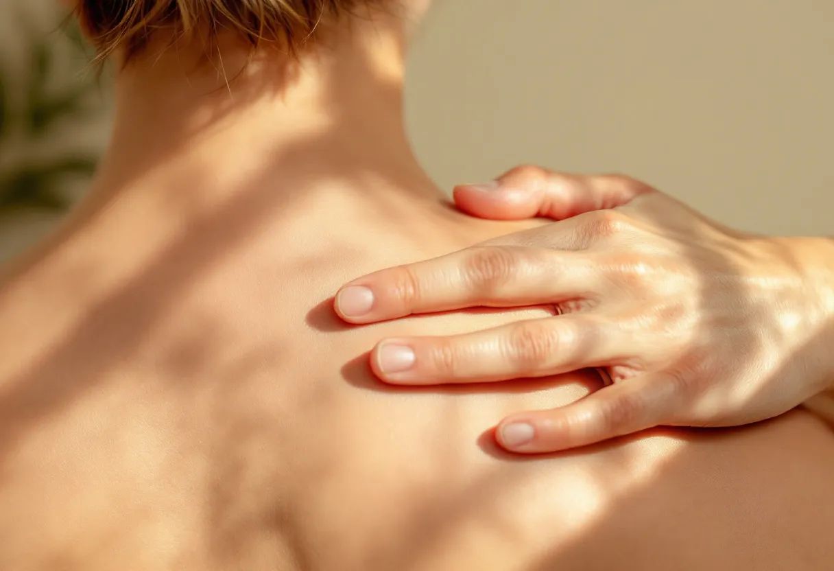 Close-up of a hand resting along the back of the neck and upper shoulder in a gentle self-release, soft natural light, warm sage and oatmeal tones