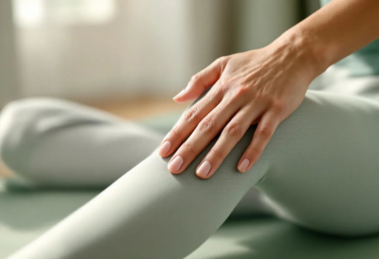Close-up of a hand resting along the back of the thigh and calf in a gentle supported leg stretch on a yoga mat, soft natural light, warm sage and oatmeal tones