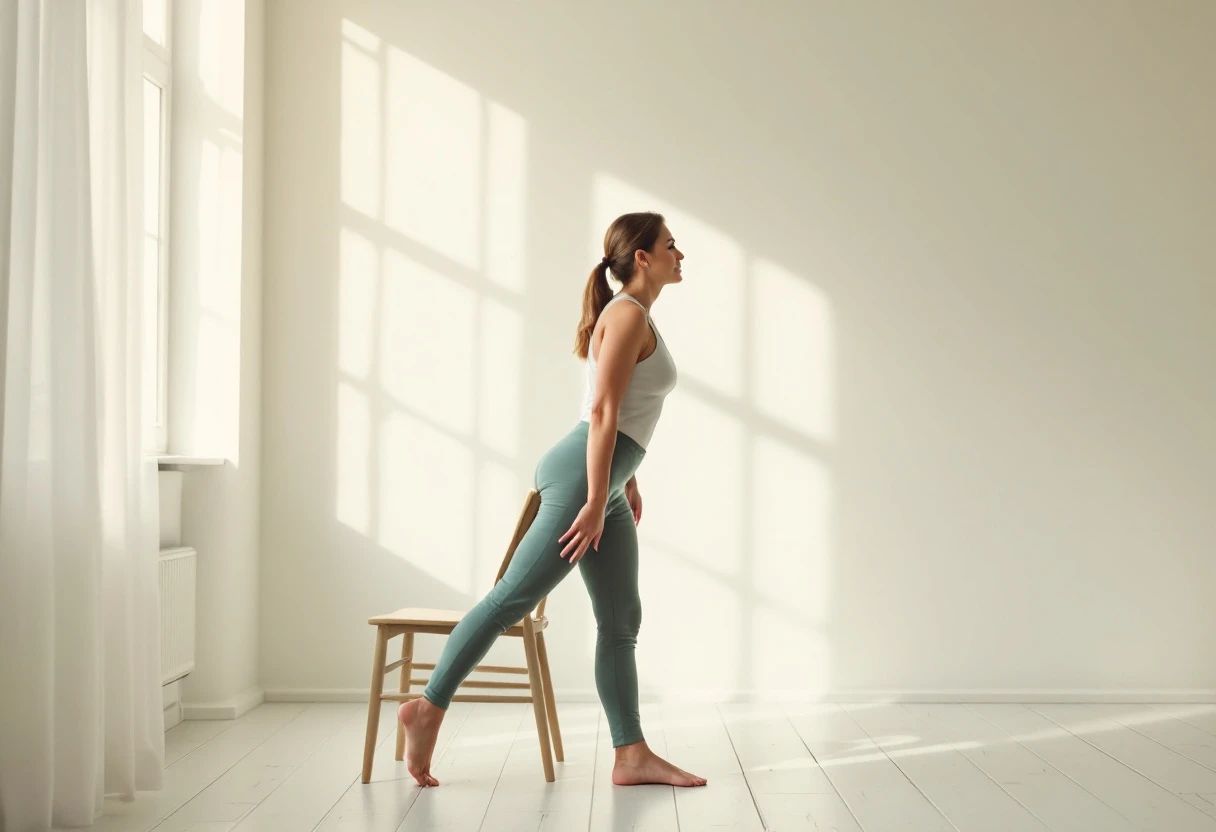A woman doing a gentle standing knee-and-hip mobility movement beside a chair, knee tracking over the foot