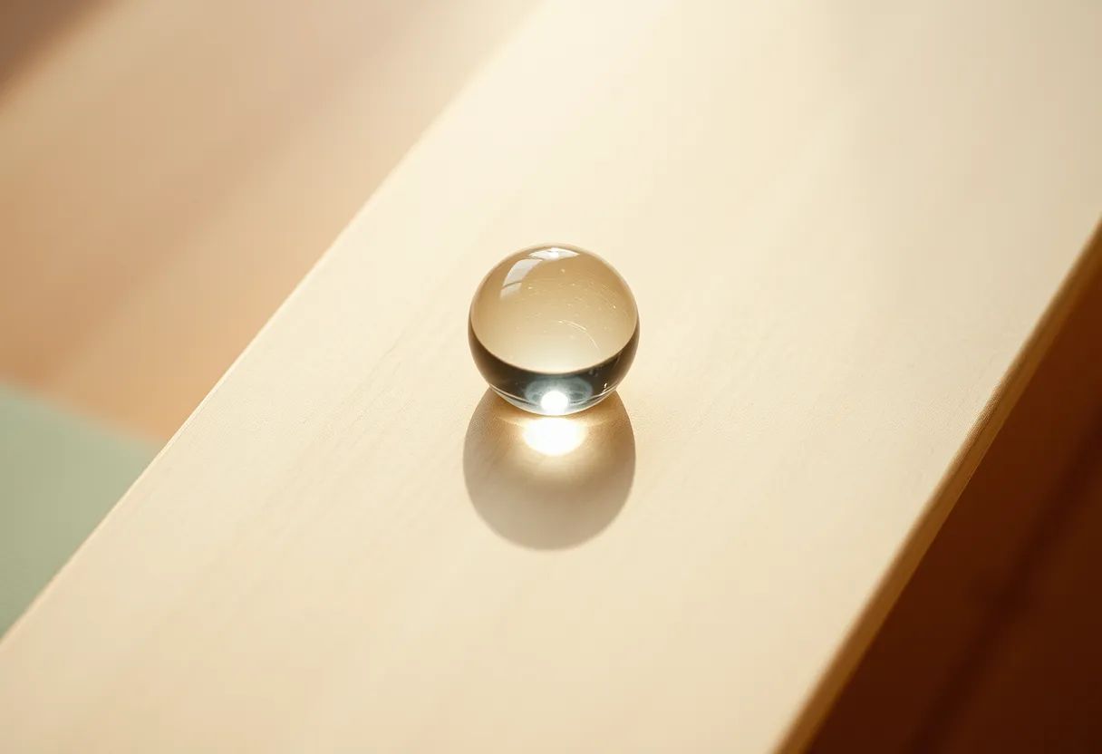 Close-up of a single clear glass marble resting still on the edge of a pale wooden board, catching a point of warm window light.