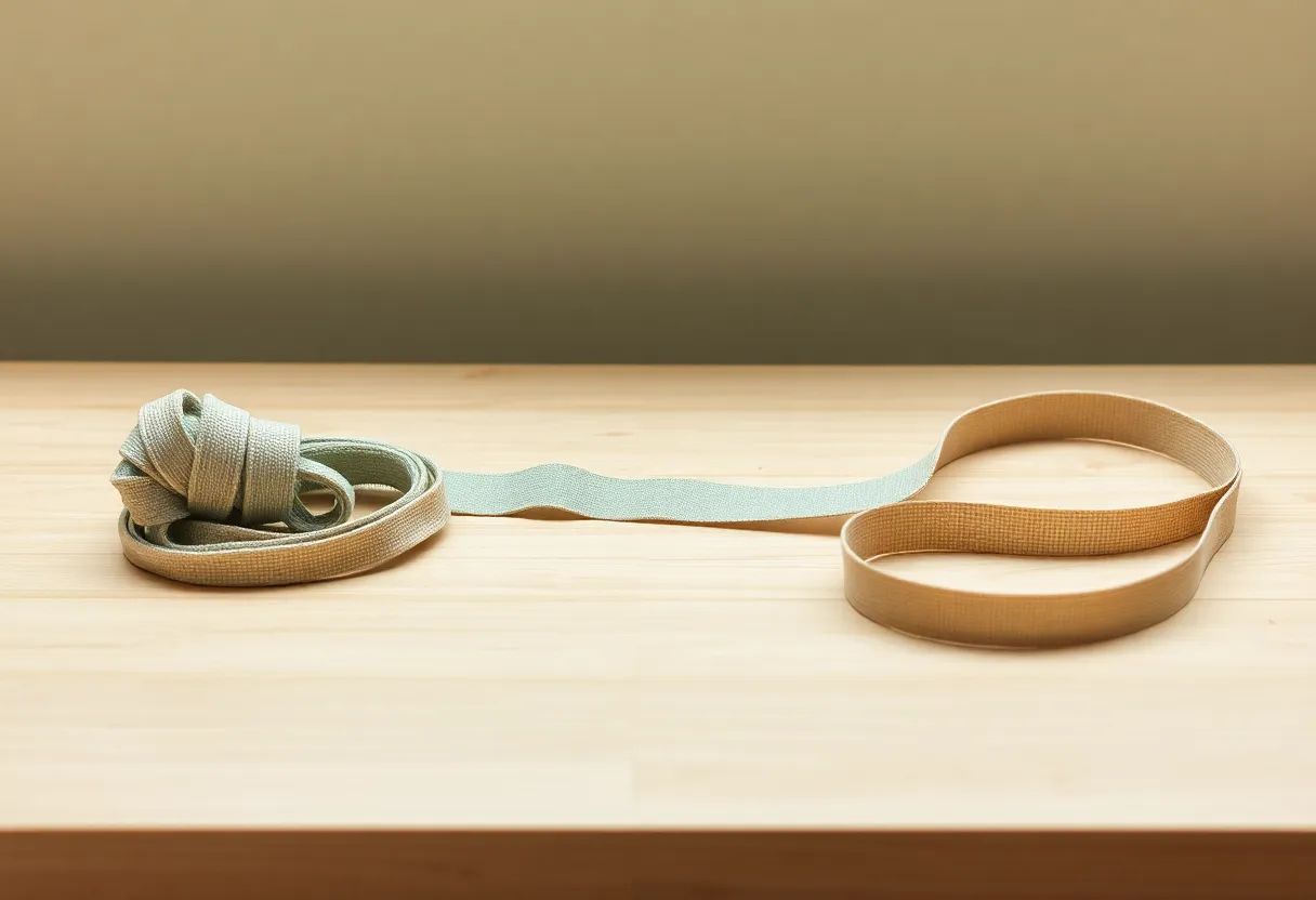 One length of strap coiled into a tight, compact knot beside the same strap laid out in a long, loose, open loop on a plain wood surface.