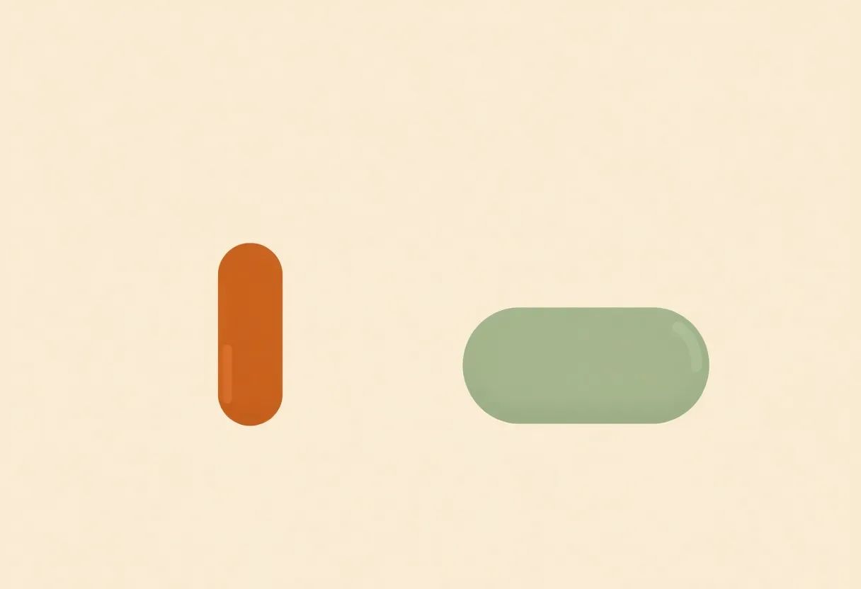 Two solid flat-colour shapes on a cream background: a small upright clay-terracotta pill shape on the left and a larger, wider sage-green pill shape on the right, representing two states side by side.